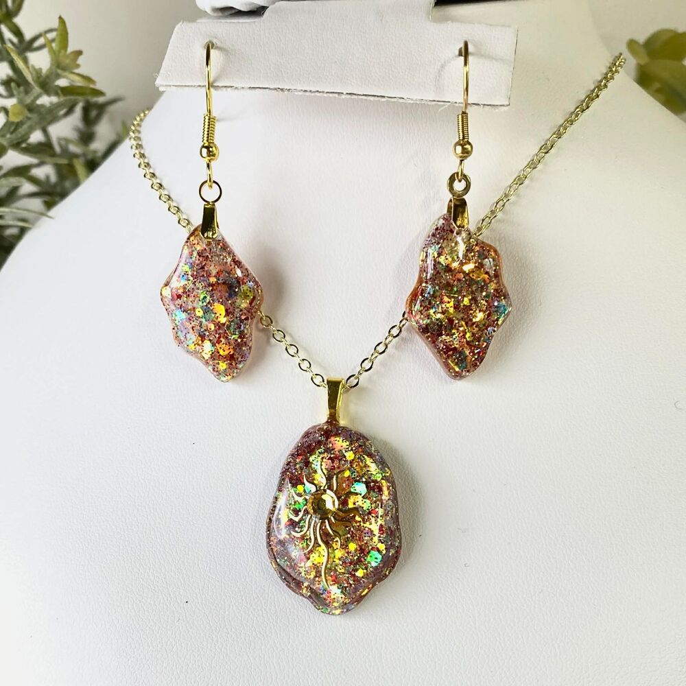 Handmade Gold Glitter Resin Sun Necklace & Earrings Set | Unique Glitter Jewelry - Picture 4 of 5